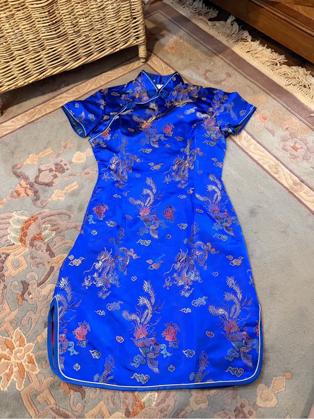 Royal Blue Embroidered Mini Cheongsam Dress